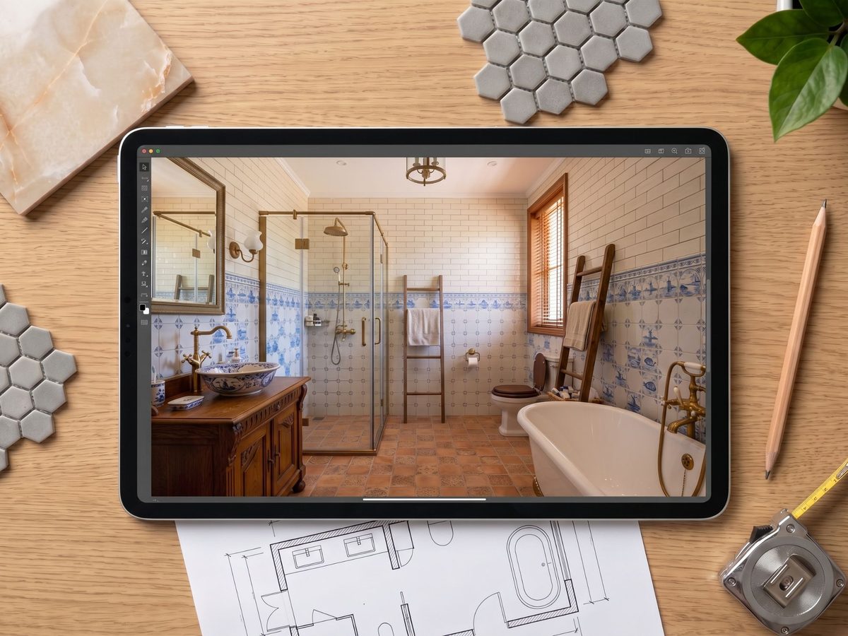 3D-ontwerp en plattegrond van de badkamer op een tablet, met tegelstalen