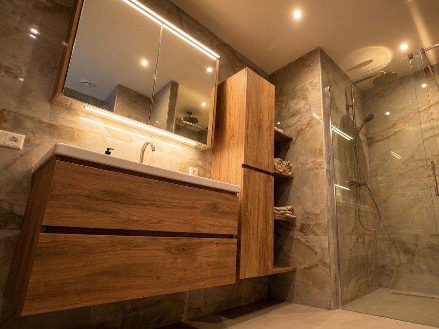 Zwevend badmeubel in houtlook met spiegelkast en hoge kast, onyx-look wandtegels